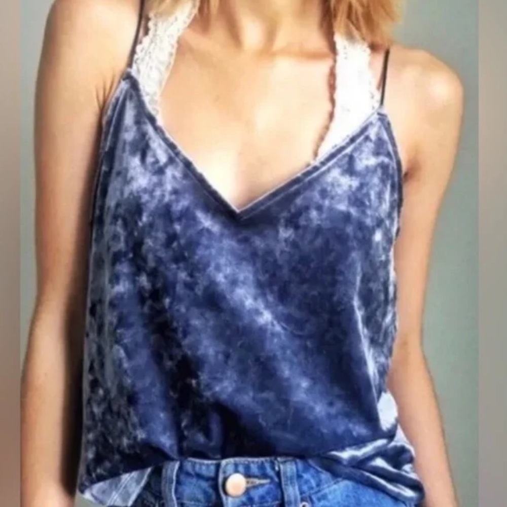 H&M Divided Blue Silver Spaghetti Strap Crushed Velvet Tank Top Cami Size M